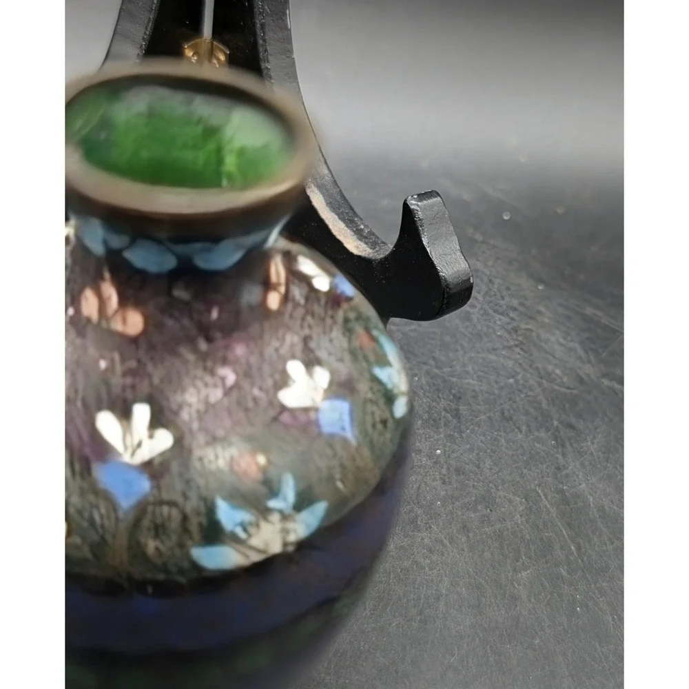 Antique Japanese Cloisonne Enamel Miniature Vase Blue Green Floral 3